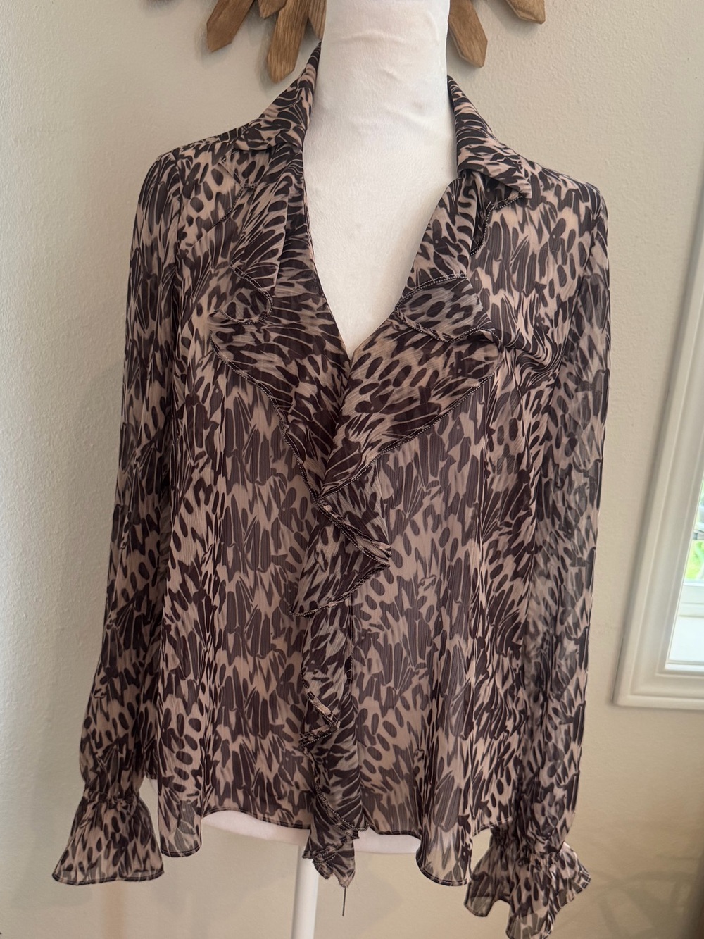 Ted Baker London Sheer Ruffle Animal Print Blouse | Size 3